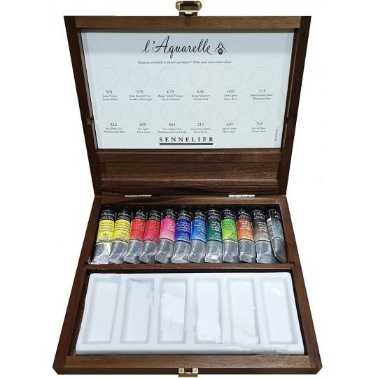 Coffret 12 tubes 10ml aquarelle extra-fine et une palette en porcelaine  en bois Sennelier