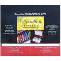 Coffret 12 tubes 10ml aquarelle extra-fine et une palette en porcelaine  en bois Sennelier