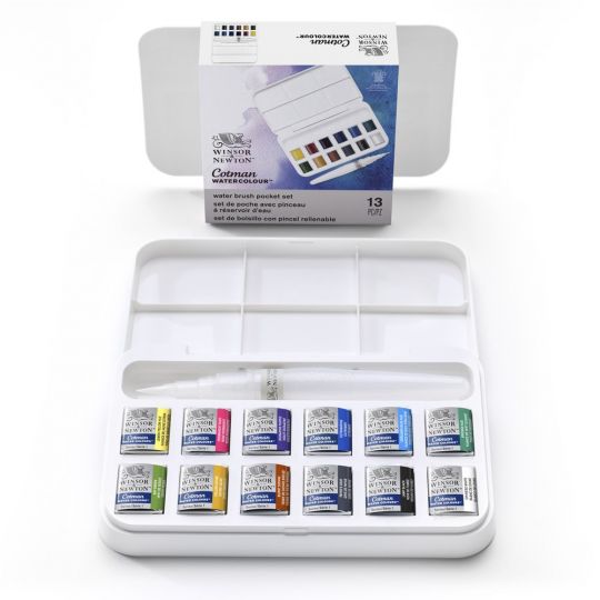 Boîte 12 ½  godets aquarelle pinceau à réserve d'eau en plastique Cotman W&N