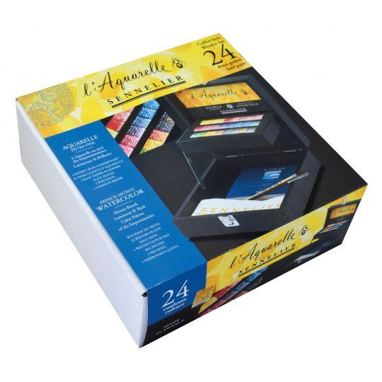 Coffret 24  ½ godets aquarelle extra fine avec 2 pinceaux, 1 bloc et un chiffon en bois Sennelier *
