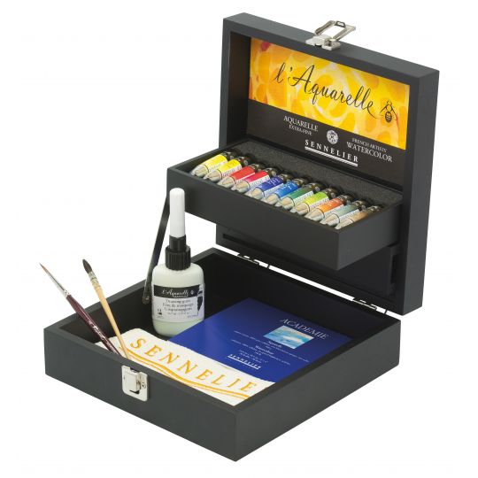 Coffret 11 tubes 10ml aquarelle, 2 pinceaux, 1 bloc, 1drawing gum 1 chiffon en bois Sennelier