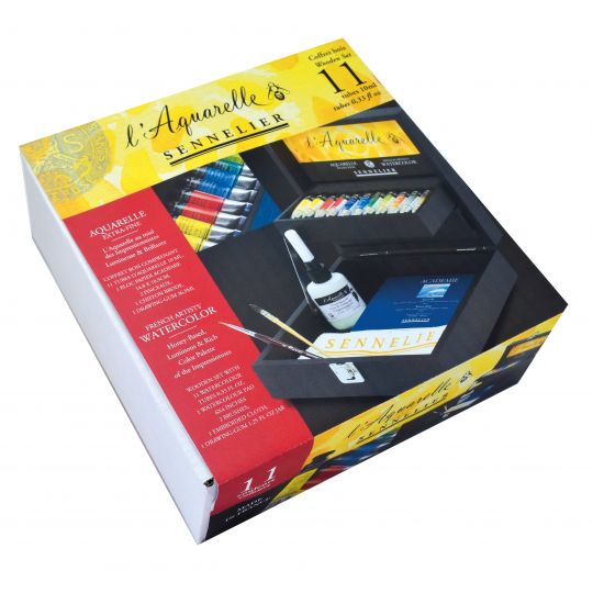 Coffret 11 tubes 10ml aquarelle, 2 pinceaux, 1 bloc, 1drawing gum 1 chiffon en bois Sennelier