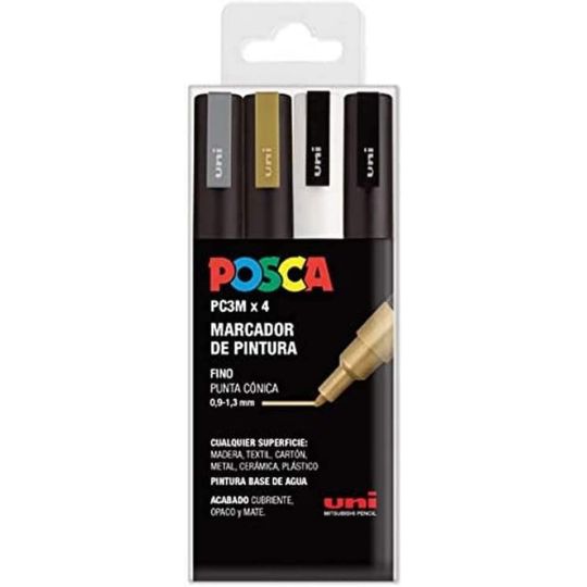 Pochette marqueurs Noir, Blanc, Or, Argent  Posca pointe conique fin 0,7 à 1 mm PC1M Uni