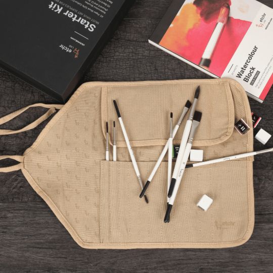 Trousse tissu brun emplacement 10 pinceaux Etchr