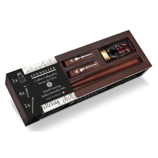 Coffret calligraphie encre de Chine 10ml + porte plume et 4 plumes Sennelier