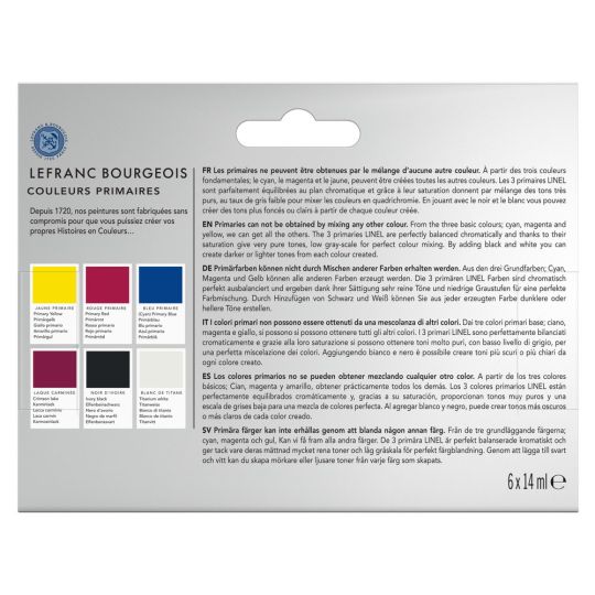 Coffret couleurs primaires 6 tubes 14ml gouache linel en carton Lefranc Bourgeois