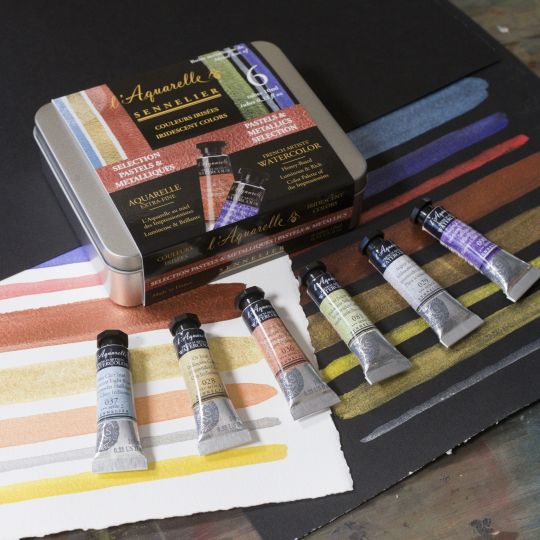 Boîte métal 6 tubes aquarelles irisées sélection pastels & métalliques Sennelier