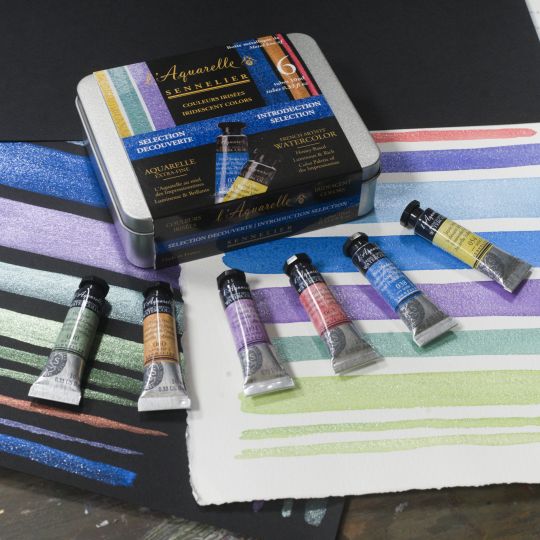 Boîte métal 6 tubes aquarelles irisées sélection découverte Sennelier