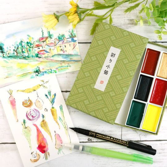 Coffret 1 Irodori Kobako 6 godets japonais aquarelle Gansai Tambi + 1 pinceau + 1 feutre Kuretake