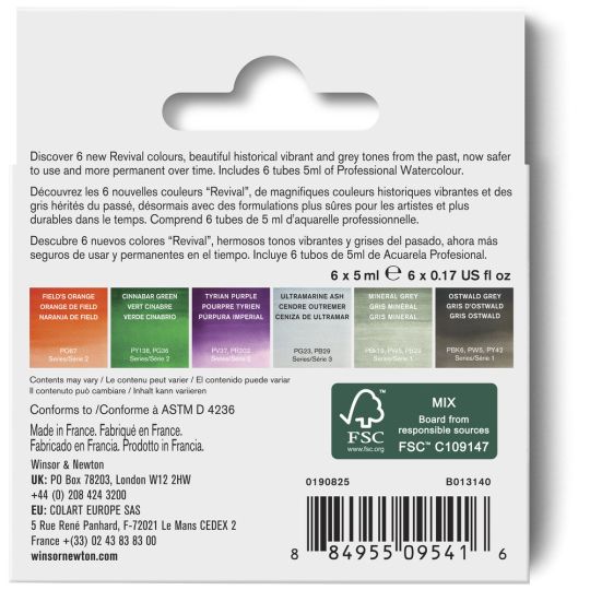 Coffret Revival 6 tubes 5ml aquarelle en carton Winsor & Newton