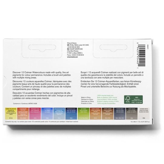 Boîte 12 tubes 8ml aquarelle pinceau en plastique Cotman W&N