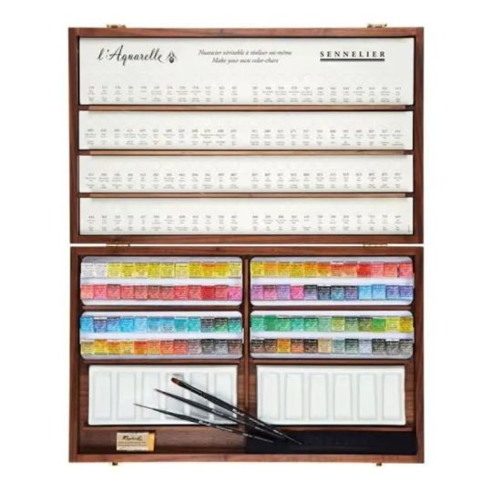 Coffret 96 ½ godets aquarelle extra fine avec 3 pinceaux, 2 palettes en porcelaine en bois Sennelier