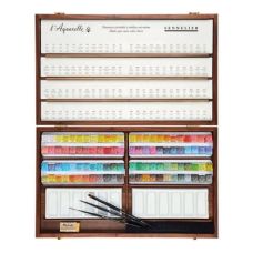 Coffret 96 ½ godets aquarelle extra fine avec 3 pinceaux, 2 palettes en porcelaine en bois Sennelier