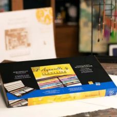 Coffret 96 ½ godets aquarelle extra fine avec 3 pinceaux, 2 palettes en porcelaine en bois Sennelier