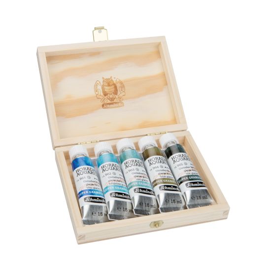 Coffret Glacier 5 tubes 15ml aquarelle super-granuleuses Horadam en bois Schmincke