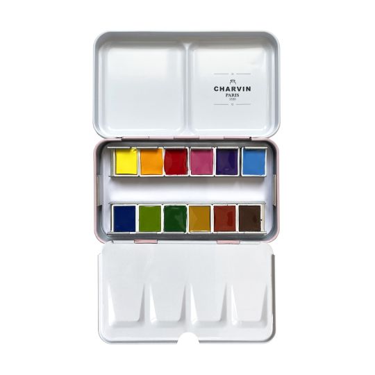 Coffret rose 12 ½ godets aquarelles extra-fines en métal Charvin