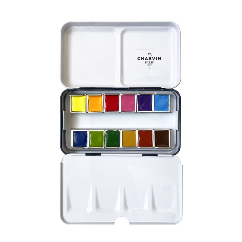 Coffret bleu foncé 12 ½ godets aquarelles extra-fines en métal Charvin