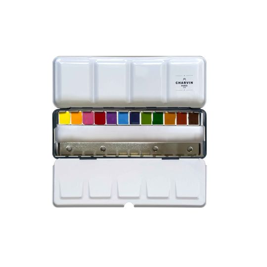 Coffret 12 ½ godets aquarelles extra-fines en métal + 12 emplacements vides + pinceau Charvin