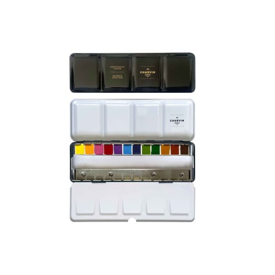 Coffret 12 ½ godets aquarelles extra-fines en métal + 12 emplacements vides + pinceau Charvin