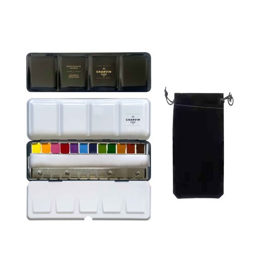 Coffret 12 ½ godets aquarelles extra-fines en métal + 12 emplacements vides + pinceau Charvin