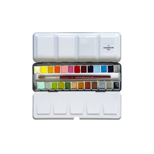 Coffret 24 ½ godets aquarelles extra-fines en métal + pinceau Charvin