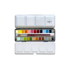 Coffret 24 ½ godets aquarelles extra-fines en métal + pinceau Charvin