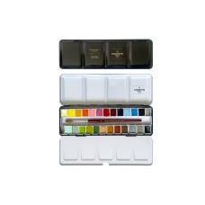 Coffret 24 ½ godets aquarelles extra-fines en métal + pinceau Charvin