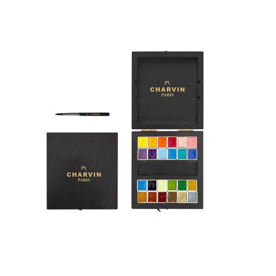 Coffret de voyage noir 24½ godets aquarelles extra-fines en bois + pinceau Charvin