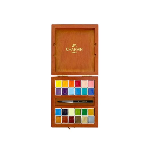 Coffret de voyage brun 24½ godets aquarelles extra-fines en bois + pinceau Charvin