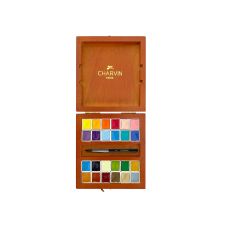 Coffret de voyage brun 24½ godets aquarelles extra-fines en bois + pinceau Charvin