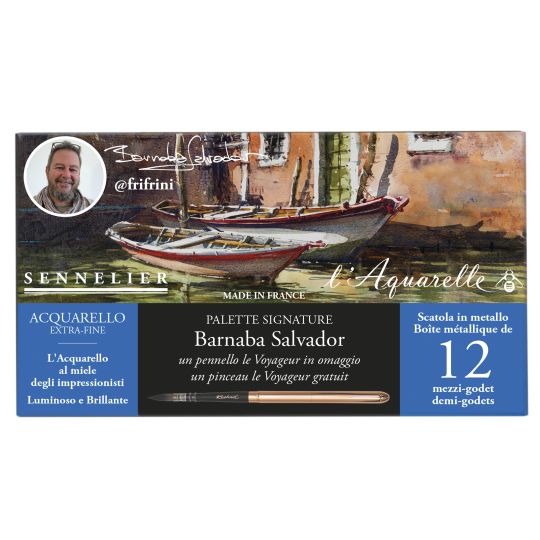 Palette signature Barnaba Salvador 12  ½ godets + 1 pinceau Le voyageur Sennelier
