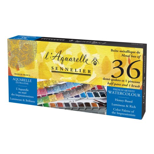 Boîte métal 36  ½ godets  d'aquarelle extra-fine Sennelier