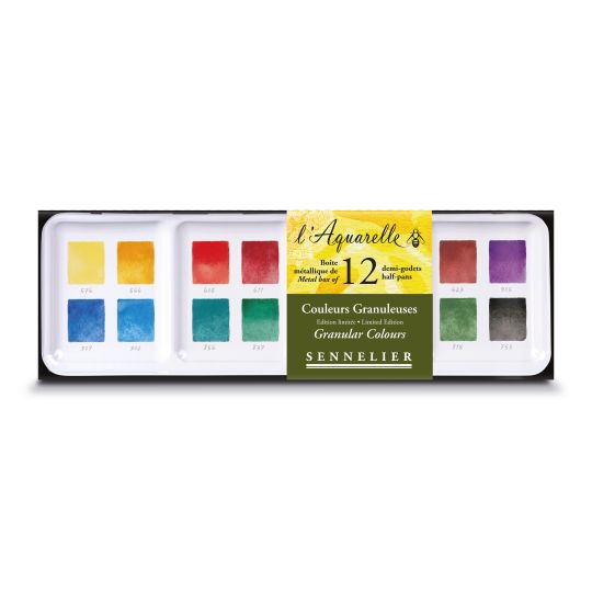 Boîte métal couleurs granuleuses 12½ godets d'aquarelle extra-fine Sennelier