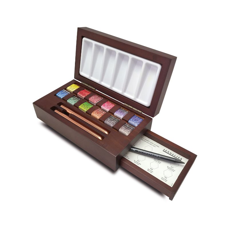 Coffret 12 ½ godets aquarelle + 2 pinceaux en  noyer Sennelier