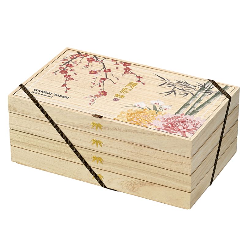 Coffret 100 godets japonais aquarelle Gansai Tambi en bois Kuretake