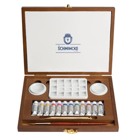 Coffret bois rétro 12 tubes 5 ml Horadam Aquarell + accessoires Schmincke