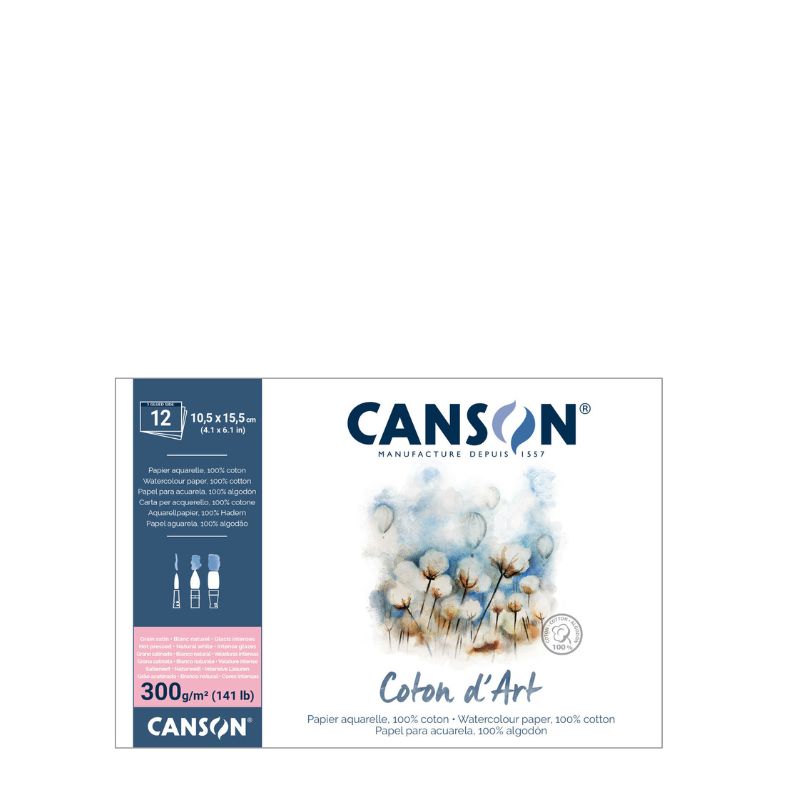 Bloc collé 1 côté Coton d'Art 10,5x15,5 300g 12 f grain satiné