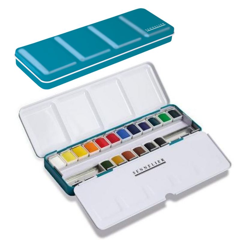 Boite métal « la petite aquarelle » 12 + 6 ½ godets aquarelle fine Sennelier