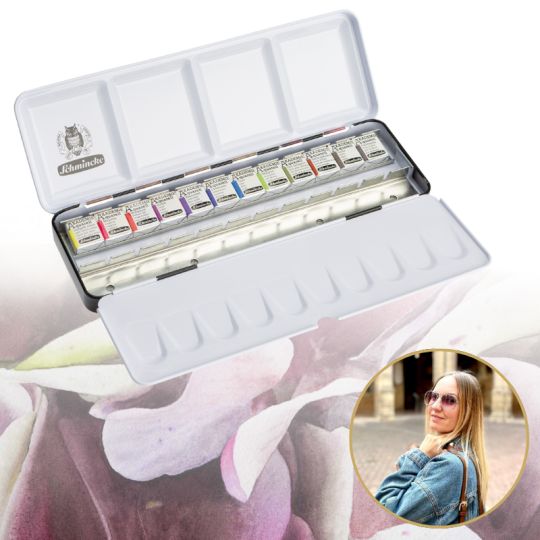 Boîte métal "Hortensia" 12 ½ godets + 12 vides Akademie Aquarell Schmincke