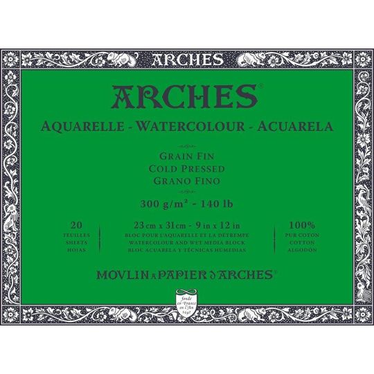 Bloc collé 4 côtés Arches 23x31 300g 20 f grain fin + carton à dessin Offert