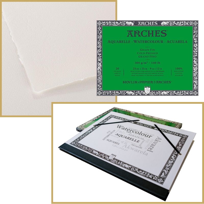Bloc collé 4 côtés Arches 23x31 300g 20 f grain fin + carton à dessin Offert