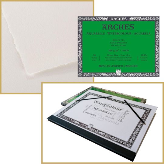 Bloc collé 4 côtés Arches 23x31 300g 20 f grain fin + carton à dessin Offert