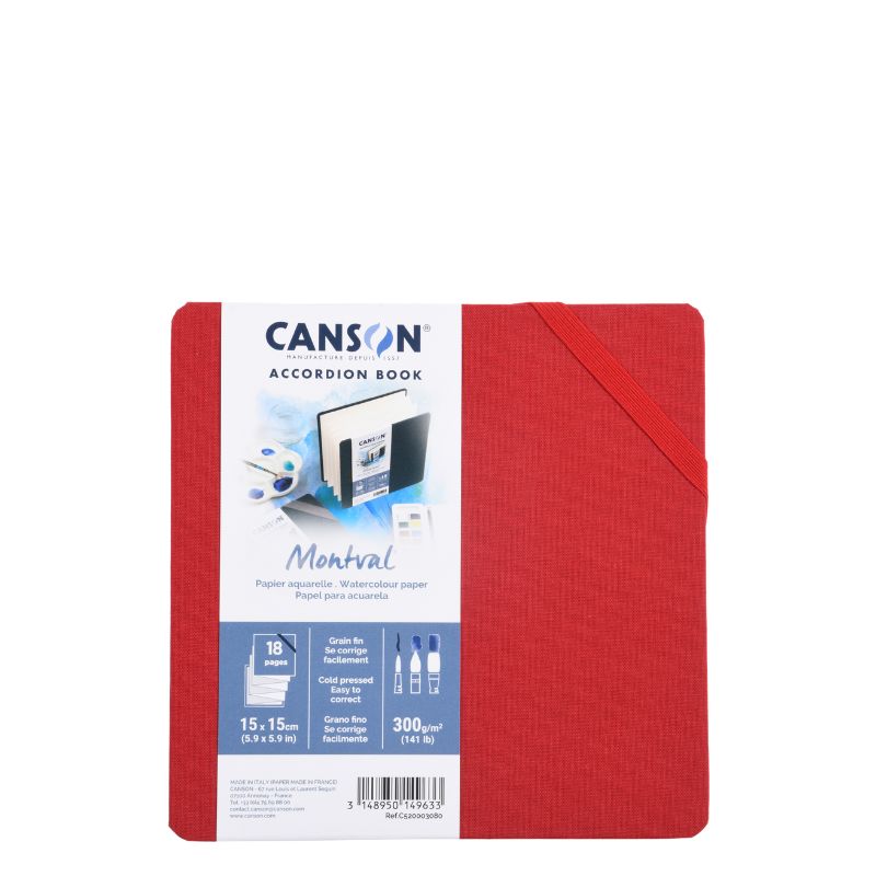 Carnet accordéon Montval 15x15 300g 8 f grain fin Rouge Canson