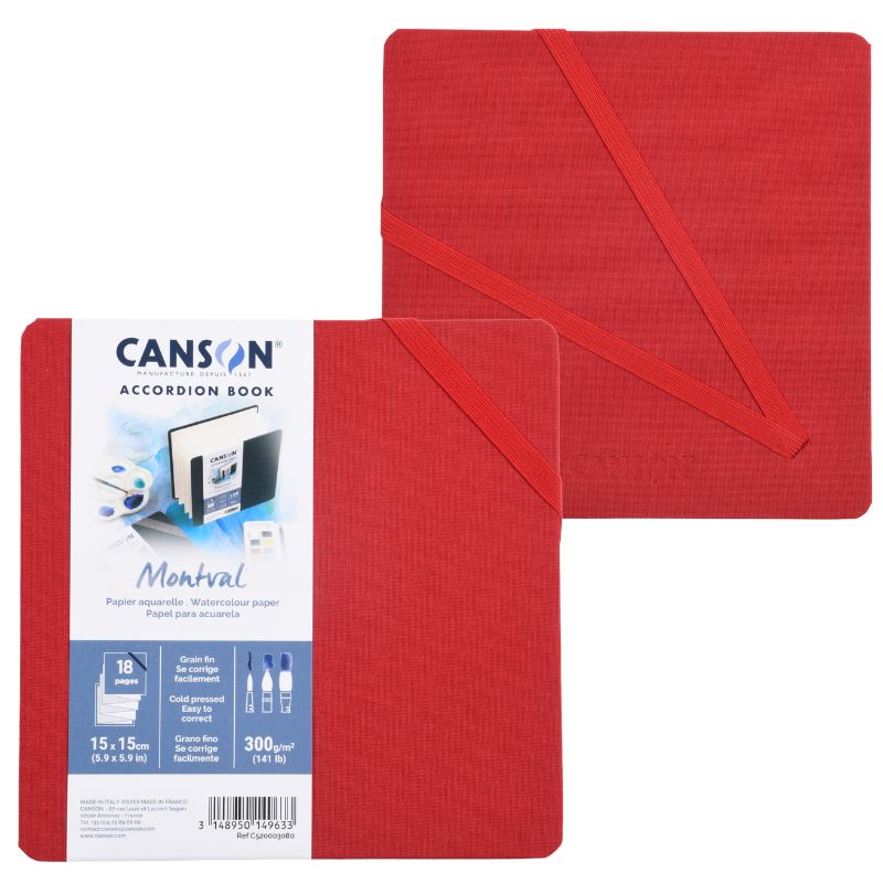 Carnet accordéon Montval 15x15 300g 8 f grain fin Rouge Canson
