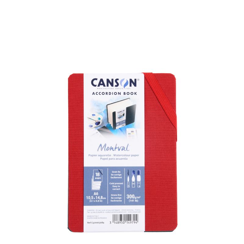 Carnet accordéon Montval A6 10,5x14,8 300g 8 f grain fin Rouge Canson