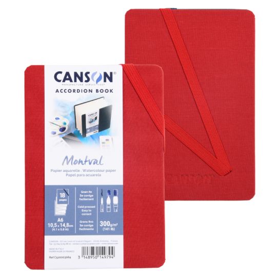 Carnet accordéon Montval A6 10,5x14,8 300g 8 f grain fin Rouge Canson