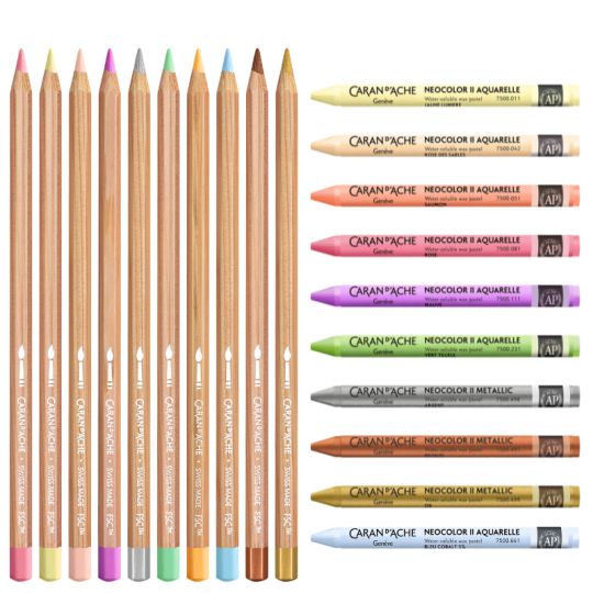 Coffret édition spéciale Toile de Jouy 10 crayons aquarellables et 10 pastels Neocolor II Caran d'Ache