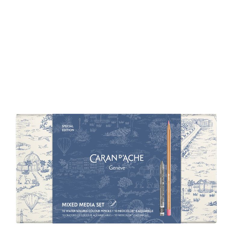 Coffret édition spéciale Toile de Jouy 10 crayons aquarellables et 10 pastels Neocolor II Caran d'Ache