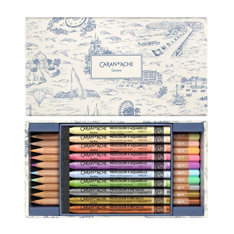 Coffret édition spéciale Toile de Jouy 10 crayons aquarellables et 10 pastels Neocolor II Caran d'Ache