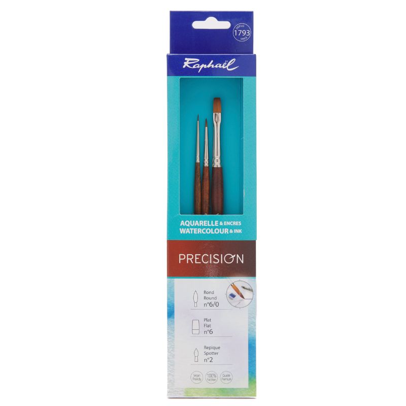 Set 3 pinceaux aquarelle Precision rond, plat et repique Raphaël